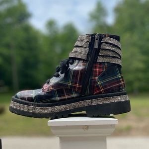 Jessica Simpson, Ebrina plaid combat boots. Used gently. Sparkly rhinestones.